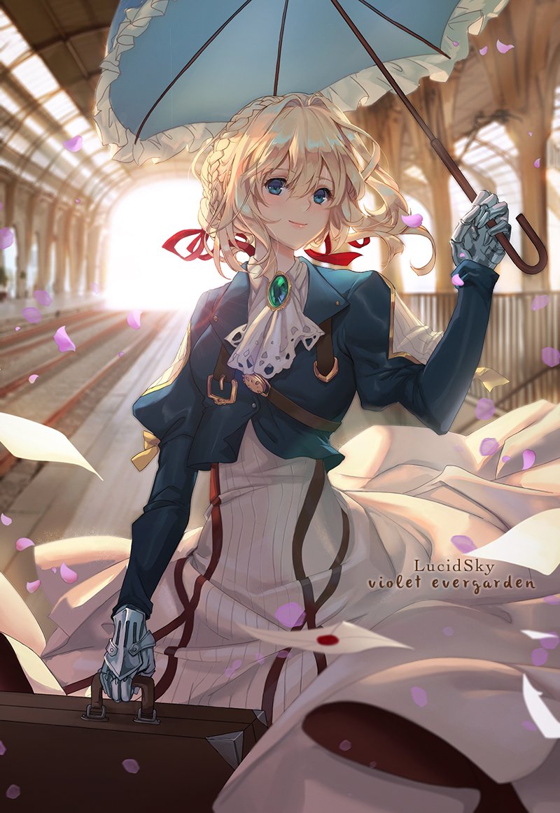 1girl artist_name blonde_hair blue_eyes blue_jacket braid brooch cherry_blossoms closed_mouth commentary envelope hair_between_eyes hair_intakes hair_ribbon holding holding_umbrella jacket jewelry letter mechanical_arms mechanical_hand mechanical_hands parasol prosthesis prosthetic_arm prosthetic_hand railroad_tracks red_ribbon ribbon skirt smile suitcase title train_station umbrella violet_evergarden violet_evergarden_(character) white_neckwear white_skirt yume_ou