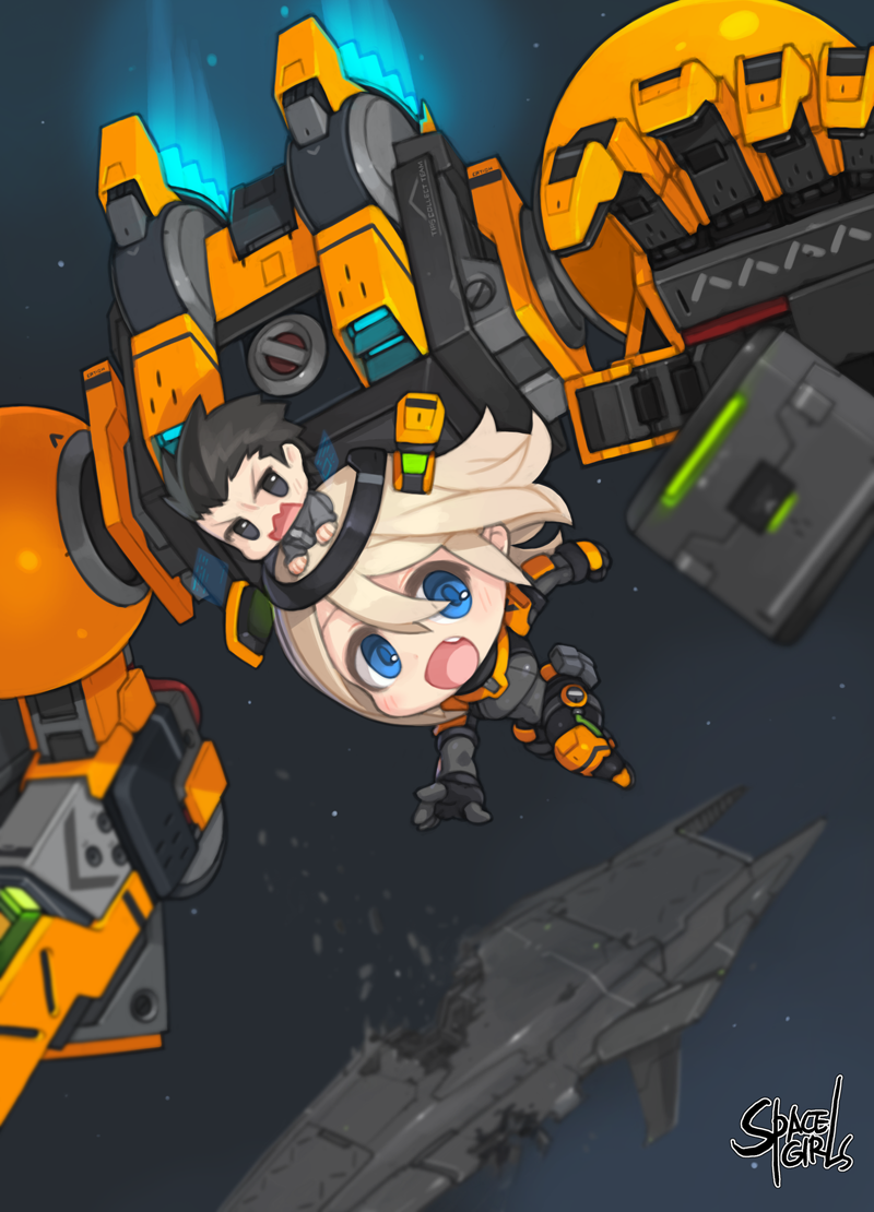 1boy 1girl black_eyes black_hair blonde_hair blue_eyes bodysuit chibi chibi_on_head fang hair_between_eyes looking_at_viewer mecha_musume mechanical_arm on_head open_mouth original piloting ran_system short_hair smile space space_craft spiky_hair