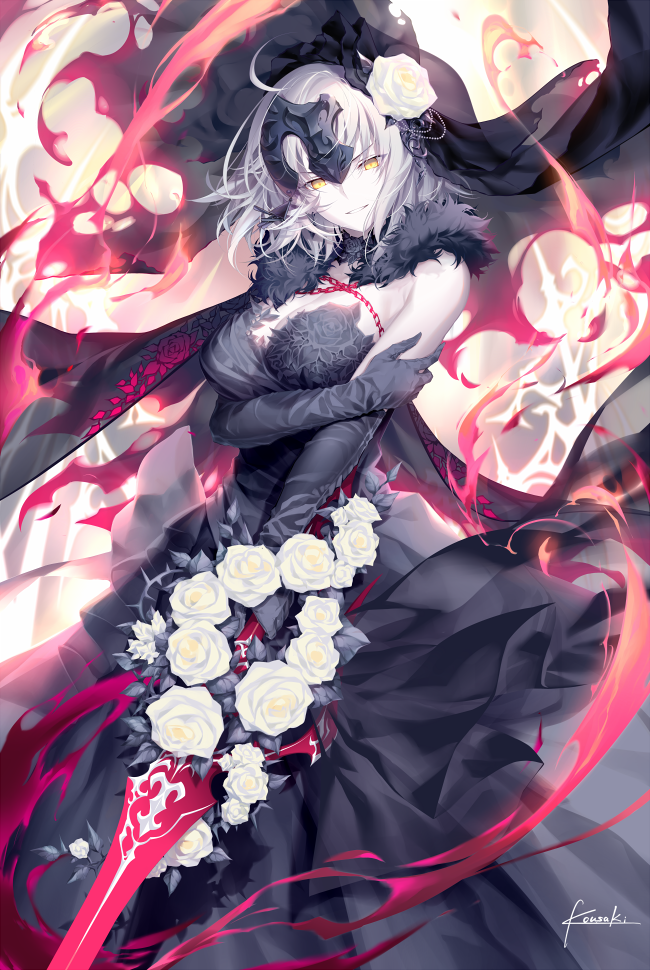 1girl ahoge alternate_hair_length alternate_hairstyle bangs black_dress black_gloves breasts commentary_request detached_collar dress elbow_gloves eyebrows_visible_through_hair fate/grand_order fate_(series) floral_print flower fur_capelet fur_trim gloves half-closed_eyes headpiece holding holding_own_arm holding_sword holding_weapon jeanne_d'arc_(alter)_(fate) jeanne_d'arc_(fate)_(all) kousaki_rui large_breasts long_hair looking_at_viewer rose signature silver_hair smile solo strapless strapless_dress sword very_long_hair weapon white_flower white_rose yellow_eyes