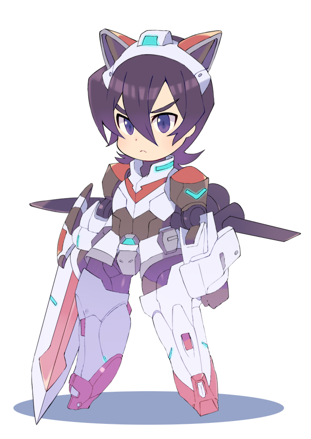 &gt;:&lt; 1boy aka-jishi animal_ears black_hair chibi clenched_hand closed_mouth fake_animal_ears full_body hyakujuu-ou_golion keith_(voltron) lion_ears male_focus mecha_danshi miyata_(lhr) mullet shadow simple_background solo sword violet_eyes weapon white_background