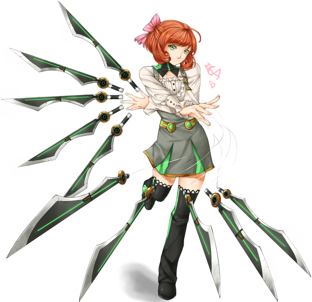 1girl ahoge bow freckles full_body green_eyes hair_bow insertsomthinawesome looking_at_viewer orange_hair penny_polendina pink_bow rwby short_hair simple_background smile solo standing standing_on_one_leg sword thigh-highs weapon white_background wire