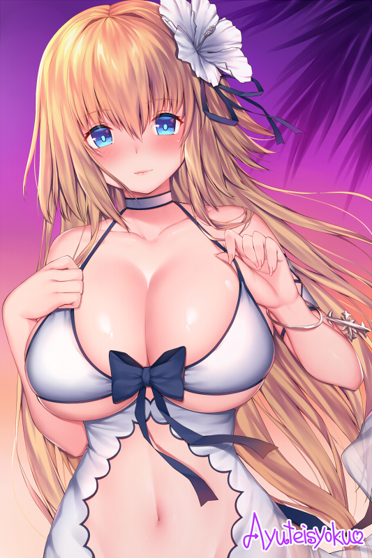 1girl blonde_hair blue_eyes blush bracelet breasts choker cleavage collarbone fate/grand_order fate_(series) flower gradient gradient_background hair_flower hair_ornament jeanne_d'arc_(fate) jeanne_d'arc_(fate)_(all) jewelry large_breasts long_hair looking_at_viewer navel palm_tree smile solo strap_pull tree twitter_username xayux
