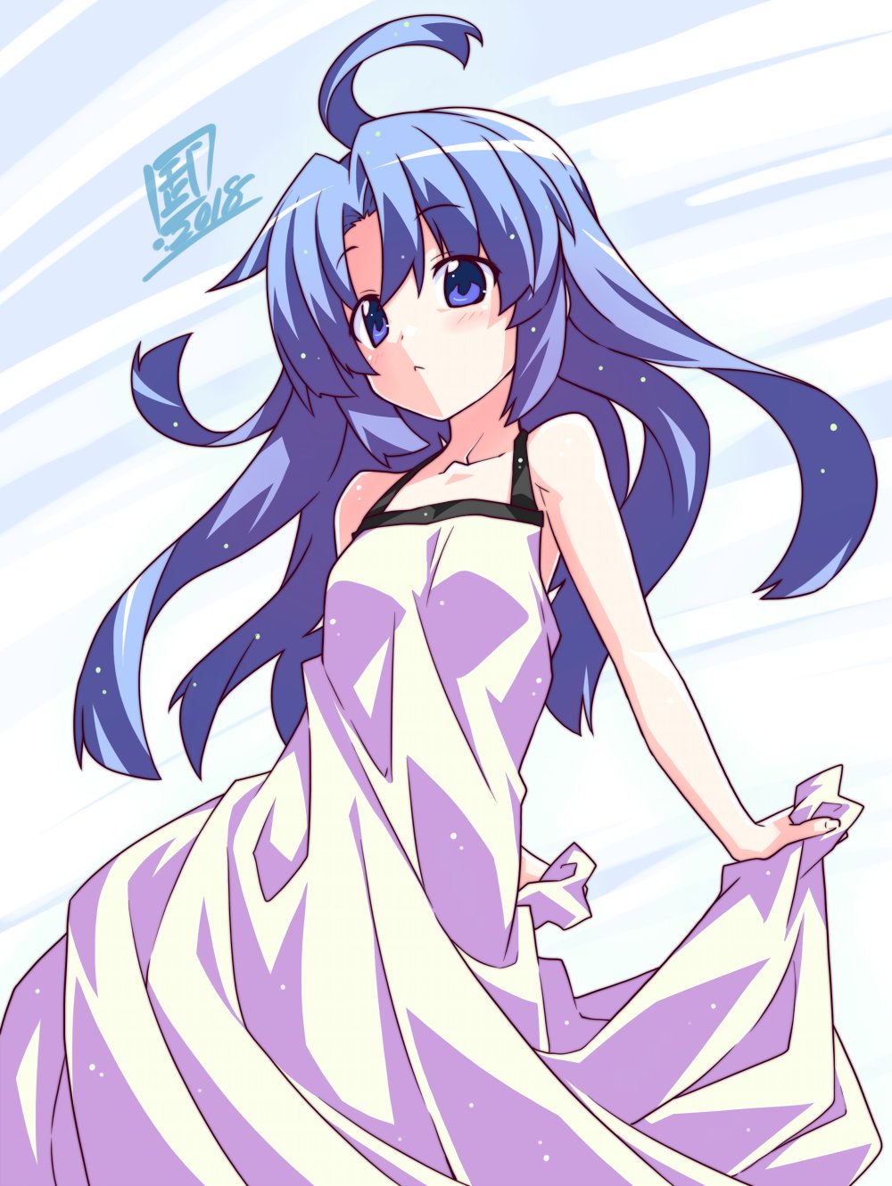 1girl ahoge artist_name bangs blue_eyes blue_hair closed_mouth commentary_request cowboy_shot dated dress eyebrows_visible_through_hair frown highres long_dress long_hair looking_to_the_side original signature skirt_hold sleeveless sleeveless_dress solo standing take_shinobu