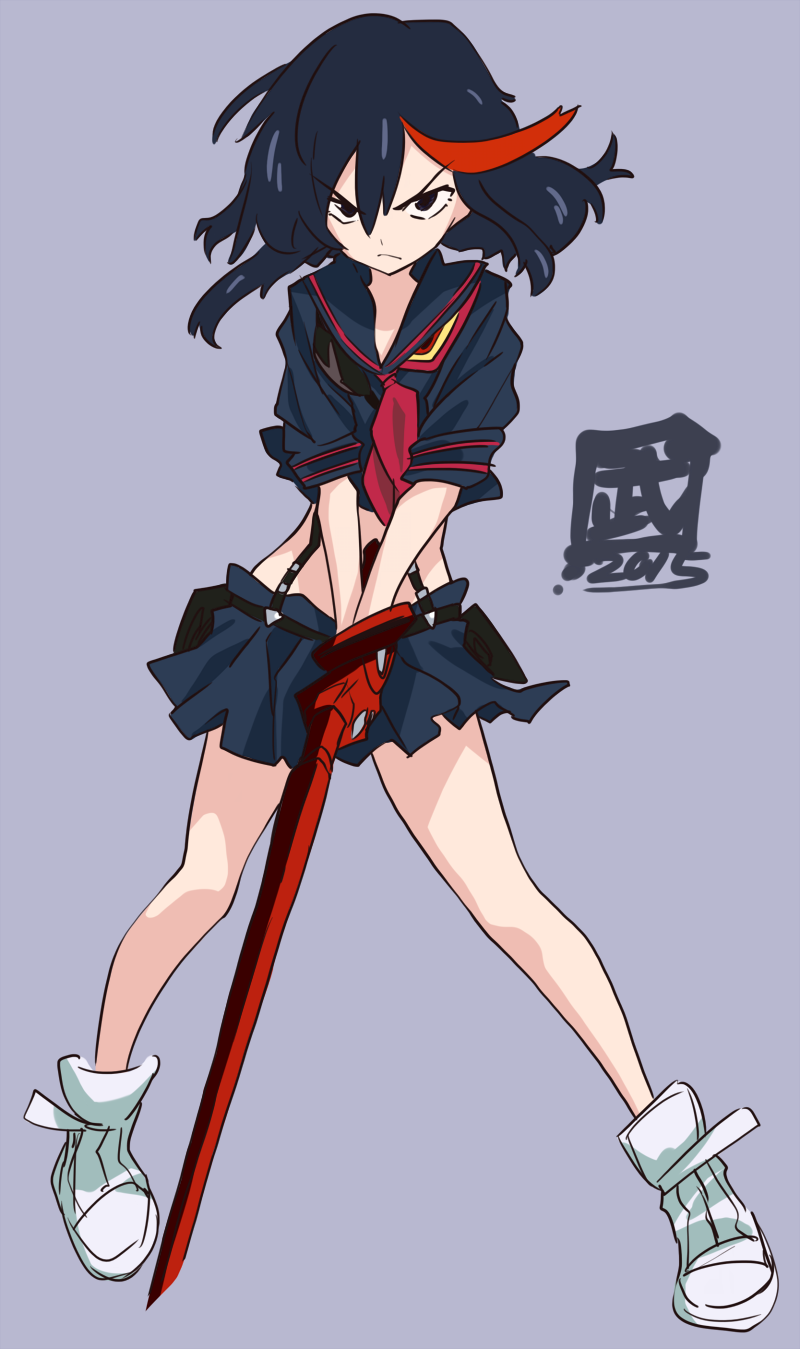 1girl artist_name bangs black_blouse black_hair black_skirt blouse blue_background closed_mouth crop_top dated frown full_body gloves high_tops highlights highres holding holding_sword holding_weapon kill_la_kill looking_at_viewer matoi_ryuuko miniskirt multicolored_hair navel neckerchief pleated_skirt red_gloves red_neckwear revealing_clothes scissor_blade shoes short_hair short_sleeves signature simple_background single_glove skirt solo standing suspender_skirt suspenders sword take_shinobu two-tone_hair v-shaped_eyebrows weapon white_footwear