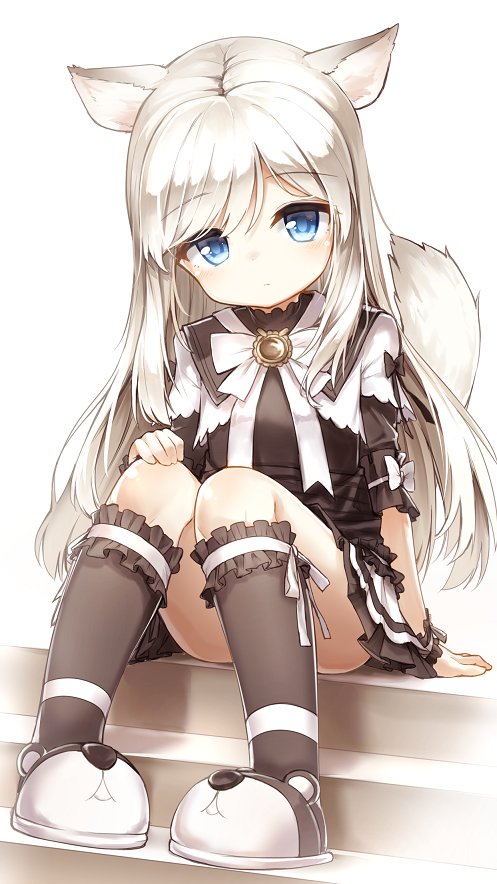 1girl animal_ears animal_slippers arm_support blue_eyes bow darnell dress expressionless frilled_dress frilled_legwear frills hand_on_own_knee long_hair original sitting slippers stairs tail white_hair wrist_cuffs