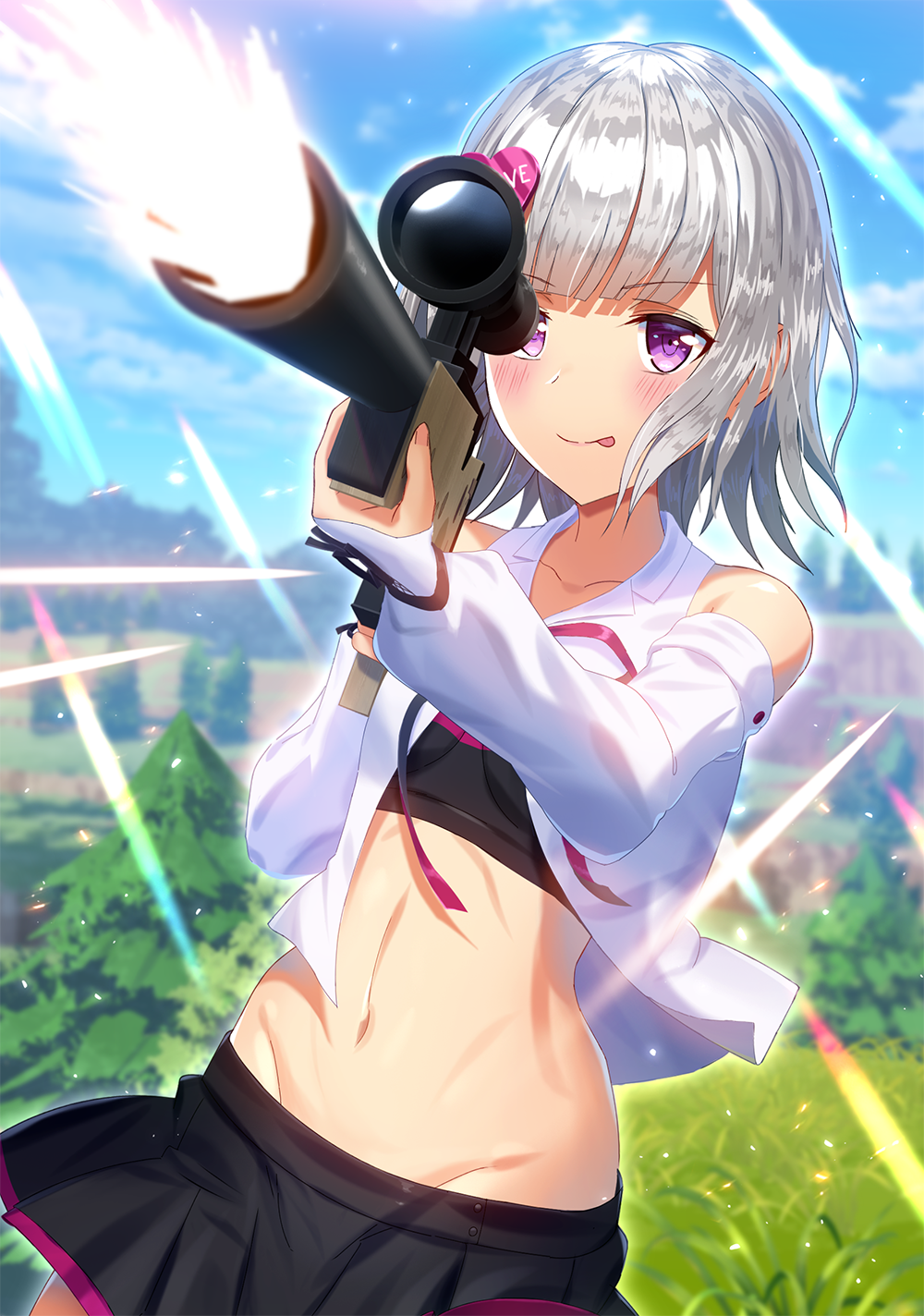 1girl aiming commentary detached_sleeves firing grass gun highres holding holding_gun holding_weapon midriff mikomiko_(mikomikosu) moemi_&amp;_yomemi_channel outdoors rifle silver_hair sky sniper_rifle solo tongue tongue_out tree violet_eyes virtual_youtuber weapon yomemi