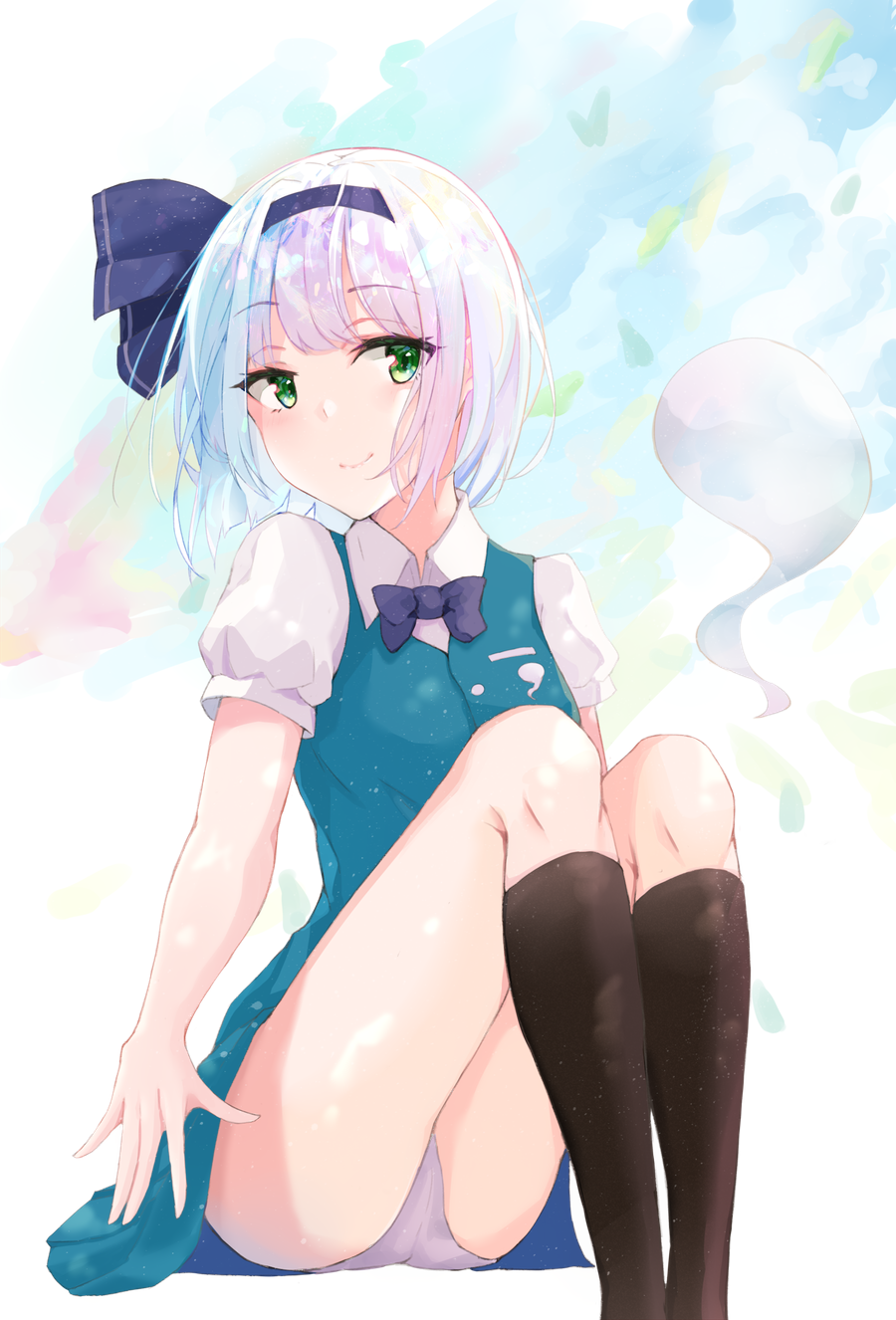 1girl aqua_dress bangs black_bow black_hairband black_legwear bow bowtie dress eyebrows_visible_through_hair green_eyes hair_ornament hairband highres hyakunin_momoko invisible_chair kneehighs konpaku_youmu konpaku_youmu_(ghost) looking_away pinafore_dress shiny shiny_skin shirt short_dress short_hair short_sleeves silver_hair sitting smile solo touhou white_shirt