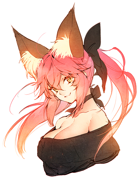 1girl animal_ears black_ribbon breasts casual cleavage collarbone fang fate_(series) fox_ears hair_ribbon large_breasts looking_at_viewer off_shoulder pink_hair ribbon simple_background solo tamamo_(fate)_(all) tamamo_no_mae_(fate) white_background yellow_eyes yunomitootya