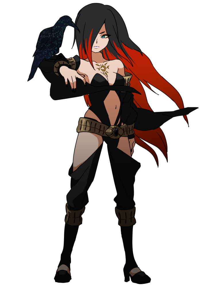 1girl animal animal_on_arm arm_at_side bare_shoulders bird bird_on_arm black_footwear black_hair black_nails blue_eyes breasts cleavage closed_mouth collarbone crow crow_(gravity_daze) detached_sleeves eyeliner fingernails full_body gravity_daze hair_over_one_eye high_heels legs_apart long_hair long_sleeves makeup medium_breasts multicolored_hair nail_polish navel redhead regain simple_background solo standing two-tone_hair very_long_hair white_background