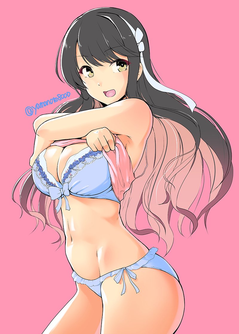 1girl 8000 black_hair blue_bra blue_panties bra breasts cowboy_shot fang frilled_bra frilled_panties frills hairband kantai_collection large_breasts looking_at_viewer multicolored_hair naganami_(kantai_collection) open_mouth panties pink_background pink_hair pink_shirt remodel_(kantai_collection) shirt side-tie_panties simple_background smile solo underwear undressing wavy_hair white_hairband yellow_eyes