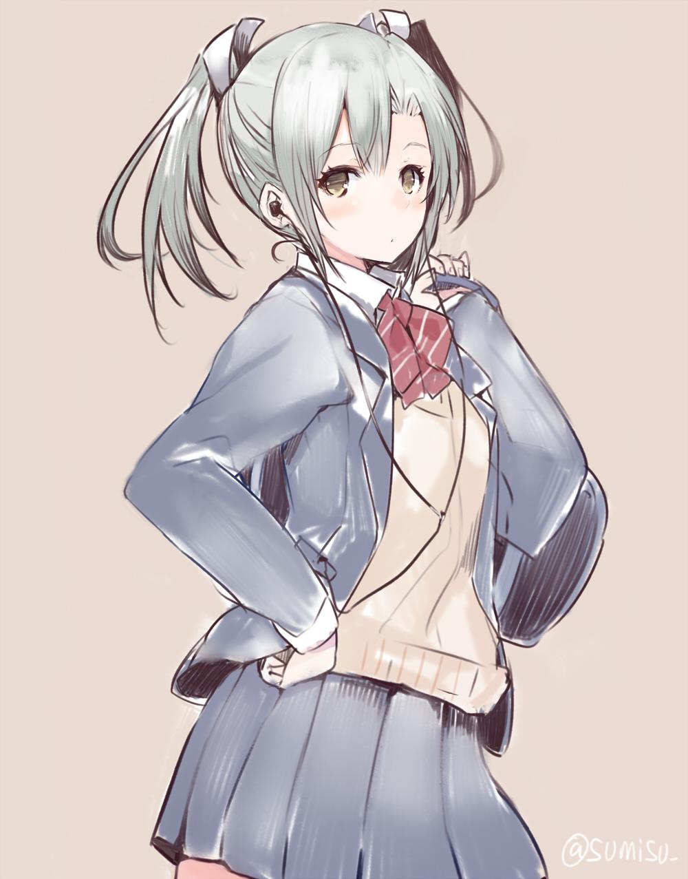 1girl alternate_costume bag blazer blush commentary_request contemporary earphones green_hair hand_on_hip highres jacket kantai_collection looking_at_viewer open_blazer open_clothes open_jacket pleated_skirt school_bag signature skirt solo sumisu_(mondo) sweater tan_background twintails twitter_username zuikaku_(kantai_collection)