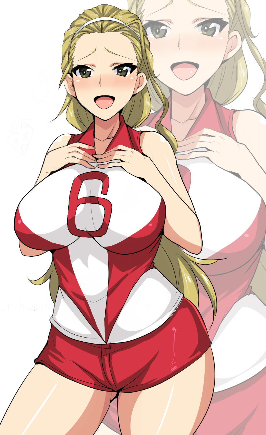 1girl blonde_hair breasts brown_eyes commentary cowboy_shot girls_und_panzer hair_pulled_back hairband hands_on_own_chest highres koujun_(mugenzero) large_breasts long_hair looking_at_viewer open_mouth red_shirt red_shorts sasaki_akebi shirt short_shorts shorts simple_background sleeveless sleeveless_shirt smile solo sportswear standing volleyball_uniform white_background white_hairband zoom_layer
