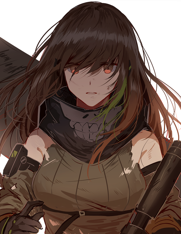 arm_strap assault_rifle bandanna bangs black_gloves black_hair black_ribbon digi-mind_update_(girls_frontline) dress eyebrows_visible_through_hair floating_hair girls_frontline gloves green_dress green_eyes green_hair green_sweater gun hair_between_eyes hand_up holding holding_gun holding_weapon injury looking_at_viewer m4_carbine m4a1_(girls_frontline) open_mouth ribbon rifle sidelocks silence_girl simple_background strap sweater sweater_vest torn_clothes weapon weapon_case white_background wind