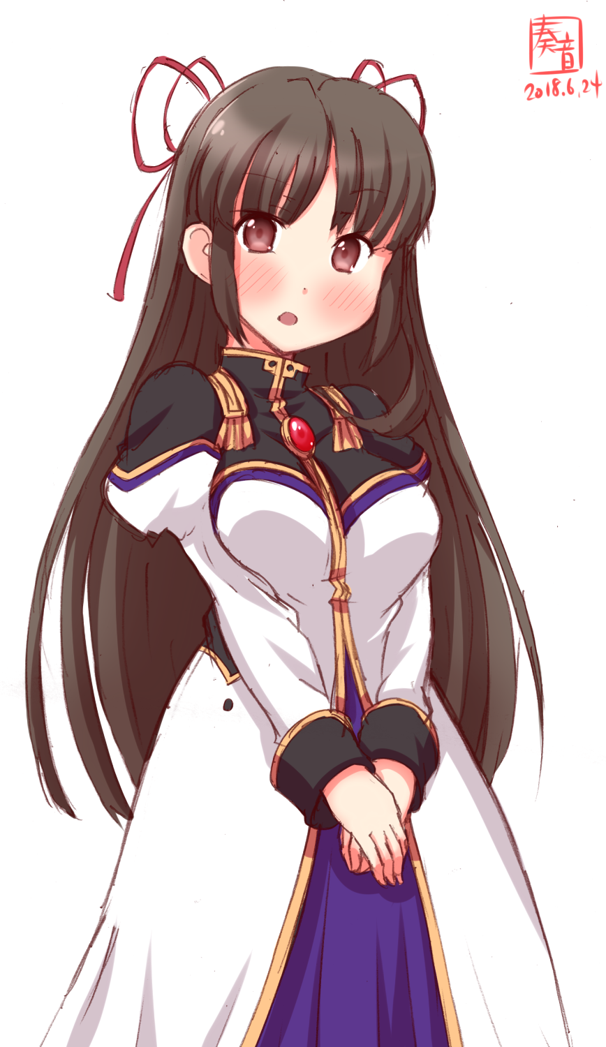 1girl black_hair brown_eyes commentary_request cosplay galaxy_angel hair_ribbon hands_together highres hiyou_(kantai_collection) kanon_(kurogane_knights) kantai_collection karasuma_chitose karasuma_chitose_(cosplay) long_hair look-alike looking_at_viewer military military_uniform open_mouth red_ribbon ribbon simple_background solo uniform white_background