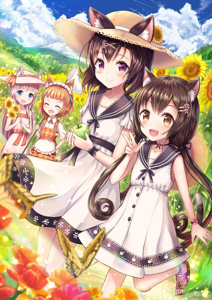 4girls :d ^_^ animal_ears apple bangs blue_eyes blue_sky blunt_bangs blush brown_eyes brown_hair bug butterfly butterfly_net cat_ears cat_tail closed_eyes clouds collarbone commentary_request day dress dutch_angle ears_through_headwear flower food fruit hair_ornament hairclip hand_net hat hat_around_neck holding holding_flower holding_fruit insect long_hair looking_at_viewer low_twintails multiple_girls nature open_mouth orange_hair original outdoors sailor_dress sakura_ani sandals sash short_hair short_sleeves silver_hair sky sleeveless sleeveless_dress smile straw_hat sun_hat sunflower tail twintails very_long_hair violet_eyes w white_dress x_hair_ornament