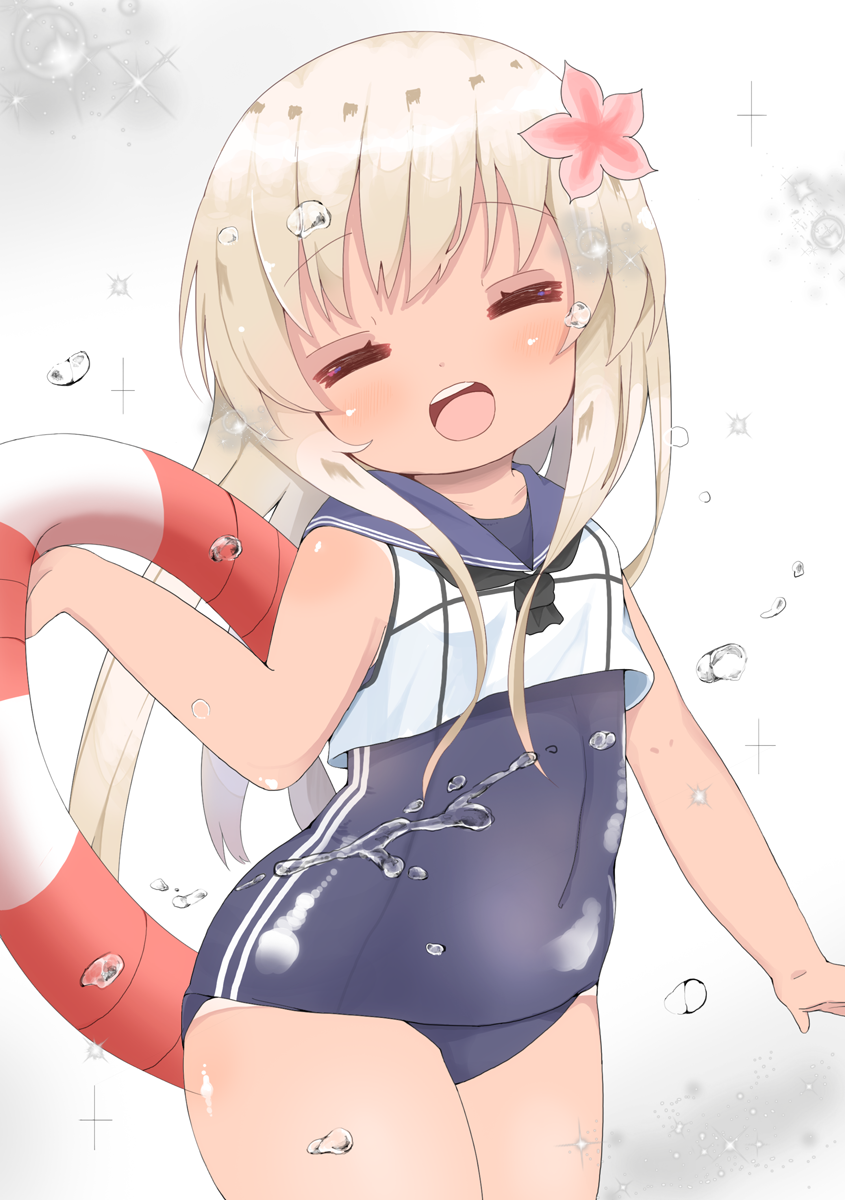 1girl blonde_hair blue_sailor_collar closed_eyes crop_top flower hair_flower hair_ornament highres kantai_collection lifebuoy looking_at_viewer mugichoko_(mugi_no_choko) one-piece_tan open_mouth ro-500_(kantai_collection) sailor_collar school_swimsuit simple_background solo swimsuit swimsuit_under_clothes tan tanline white_background yellow_background