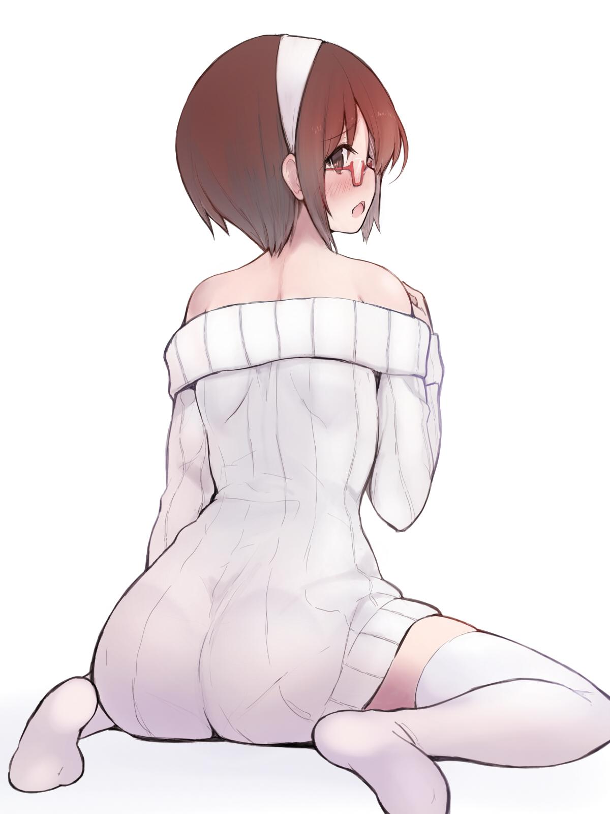 1girl alternate_costume ass bare_shoulders blush brown_hair casual commentary_request d: dress from_behind hairband highres kantai_collection looking_back natori_(kantai_collection) no_shoes open_mouth profile ribbed_sweater short_hair solo sumisu_(mondo) sweater sweater_dress thigh-highs white_background white_legwear zettai_ryouiki