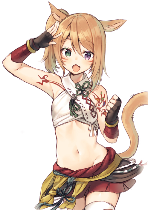 1girl animal_ears arm_up bangs black_gloves cat_ears cat_girl cat_tail eyebrows_visible_through_hair fang final_fantasy final_fantasy_xiv fingerless_gloves gloves green_eyes hair_between_eyes heterochromia light_brown_hair looking_at_viewer midorikawa_you miqo'te navel open_mouth pleated_skirt red_skirt revision side_ponytail simple_background skirt solo tail tail_raised tattoo thigh-highs violet_eyes white_background white_legwear