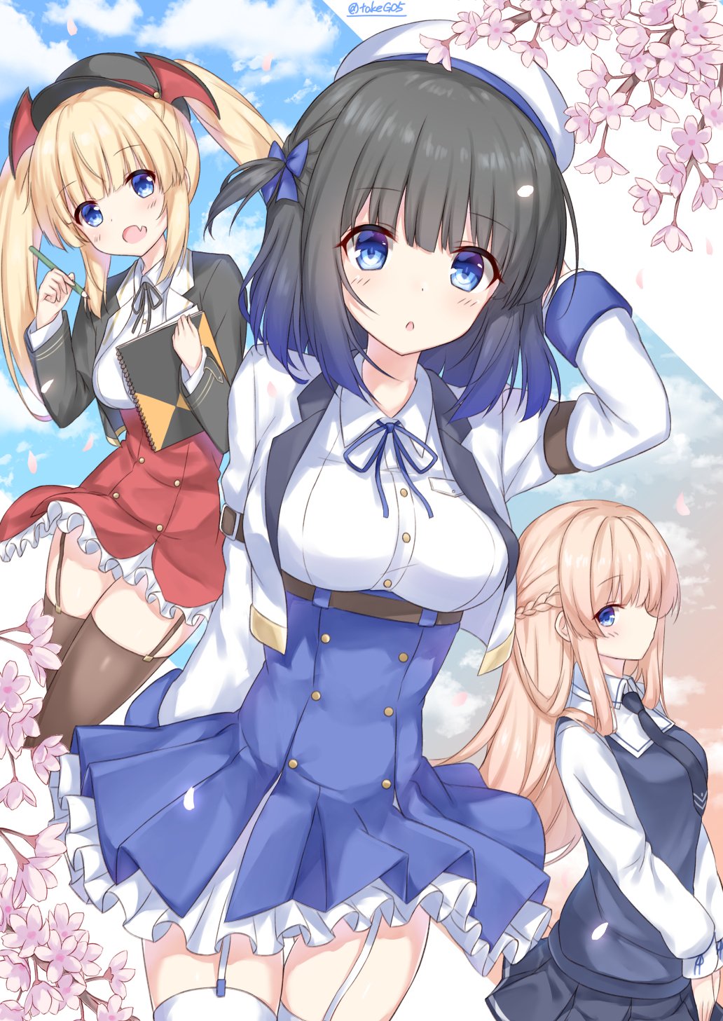 3girls acasta_(azur_lane) alternate_costume ardent_(azur_lane) azur_lane beret black_hair blonde_hair blue_eyes braid breasts commentary_request fang glorious_(azur_lane) hair hat highres long_hair looking_at_viewer looking_to_the_side multiple_girls necktie notebook open_mouth pencil remodel_(azur_lane) school_uniform short_hair skill takeg05 thigh-highs twintails twitter_username vest