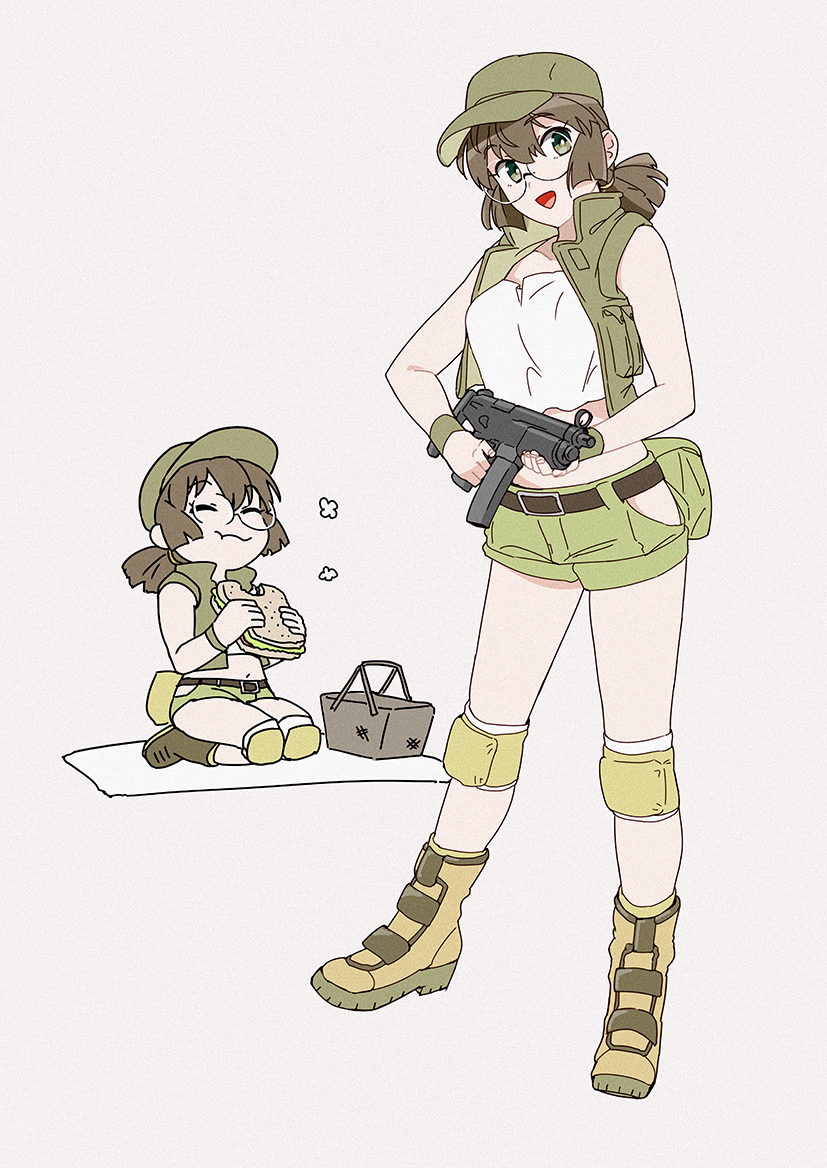 basket belt boots breasts brown_hair eating fanny_pack fio_germi food glasses gun hat knee_pads kneeling metal_slug ojipon open_mouth sandwich short_shorts shorts standing submachine_gun tied_hair weapon