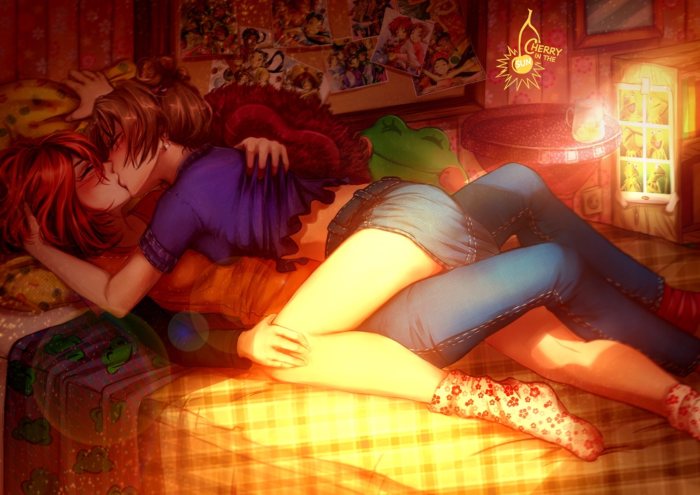 2girls bed bedroom blue_pants blue_skirt brown_hair cherry_in_the_sun closed_eyes denim denim_skirt french_kiss hand_on_another's_knee indoors irma_lair kiss lens_flare miniskirt multiple_girls orange_shirt pants photo_(object) purple_shirt redhead shirt short_hair short_sleeves skirt w.i.t.c.h. will_vandom yuri