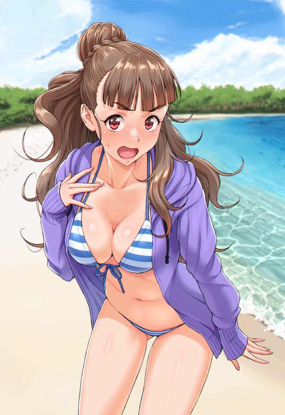 1girl bangs beach blunt_bangs blush breasts brown_hair cardigan cleavage clouds collarbone commentary_request cowboy_shot embarrassed eyebrows eyebrows_visible_through_hair front-tie_top hair_bun highres horizontal_stripes idolmaster idolmaster_cinderella_girls kamiya_nao long_hair looking_at_viewer medium_breasts nigou open_cardigan open_clothes open_mouth outdoors red_eyes sky sleeves_past_wrists solo striped striped_swimsuit sweatdrop swimsuit swimsuit_under_clothes thick_eyebrows water