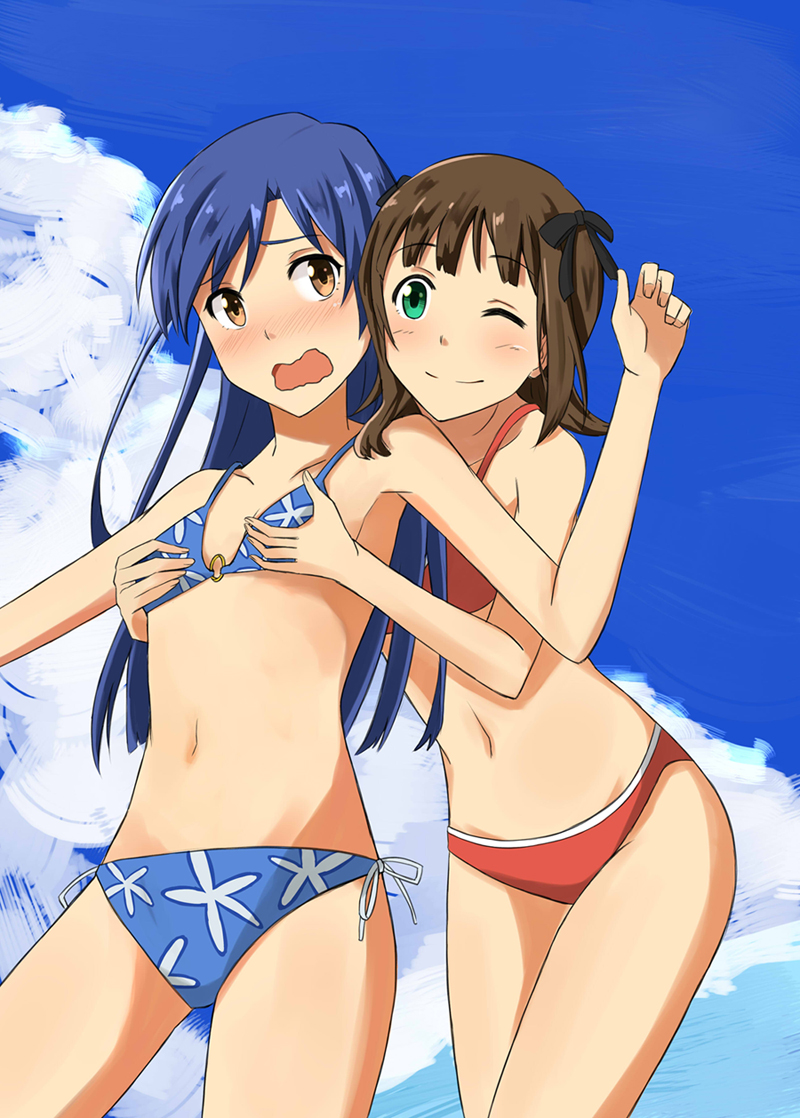 2girls ;) amami_haruka bangs bikini black_ribbon blue_bikini blue_hair blue_sky blush breasts brown_eyes brown_hair clouds collarbone cowboy_shot day embarrassed grabbing grabbing_from_behind green_eyes groin hair_ribbon idolmaster idolmaster_(classic) kisaragi_chihaya leaning_forward long_hair multiple_girls navel one_eye_closed outdoors red_bikini ribbon shiny shiny_hair side-tie_bikini sky small_breasts smile swept_bangs swimsuit teru_(grafroller) white_ribbon yuri