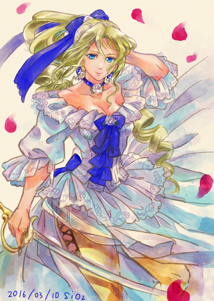 1girl blonde_hair blue_eyes breasts cleavage commentary_request dress drill_hair final_fantasy final_fantasy_vi long_hair looking_at_viewer medium_breasts sio2_(nisankakeiso) smile solo