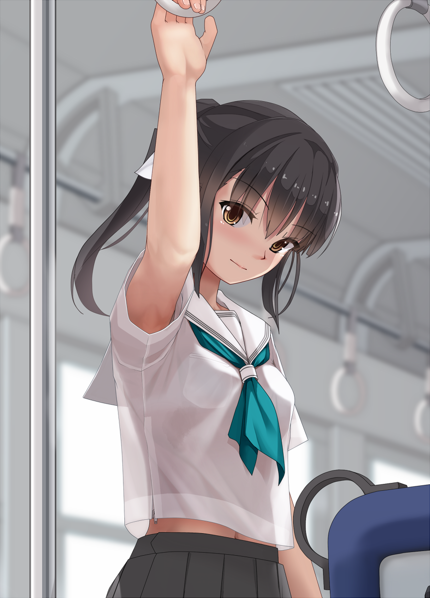 arm_up armpits black_skirt bra bralines brown_eyes eto highres long_hair looking_at_viewer navel original ponytail school_uniform see-through serafuku shirt skirt standing train_interior underwear wet wet_clothes wet_shirt white_bra