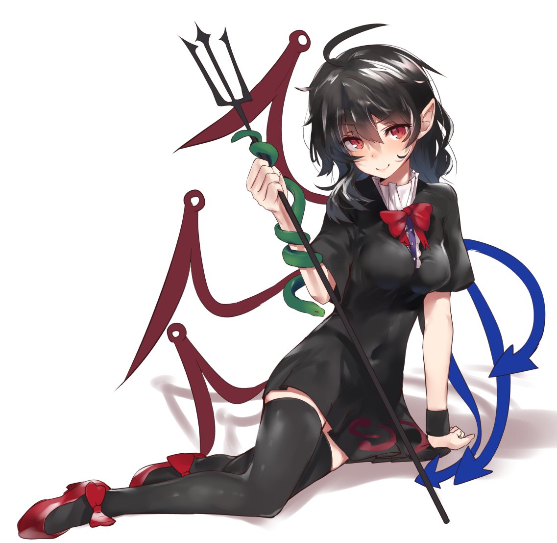 1girl ahoge arm_support asuzemu asymmetrical_wings black_dress black_hair black_legwear bow bowtie breasts commentary commentary_request covered_navel dress full_body holding holding_weapon houjuu_nue looking_at_viewer lying medium_breasts medium_hair on_side polearm red_eyes red_footwear red_neckwear simple_background skin_tight smile snake solo thigh-highs touhou trident weapon white_background wings