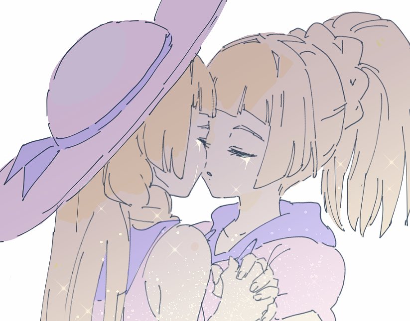 2girls ankea_(a-ramo-do) bangs blonde_hair braid closed_eyes crying face-to-face hat imminent_kiss incoming_kiss kiss lillie_(pokemon) multiple_girls pokemon pokemon_(game) pokemon_sm ponytail school_uniform selfcest simple_background tears white_hat yuri