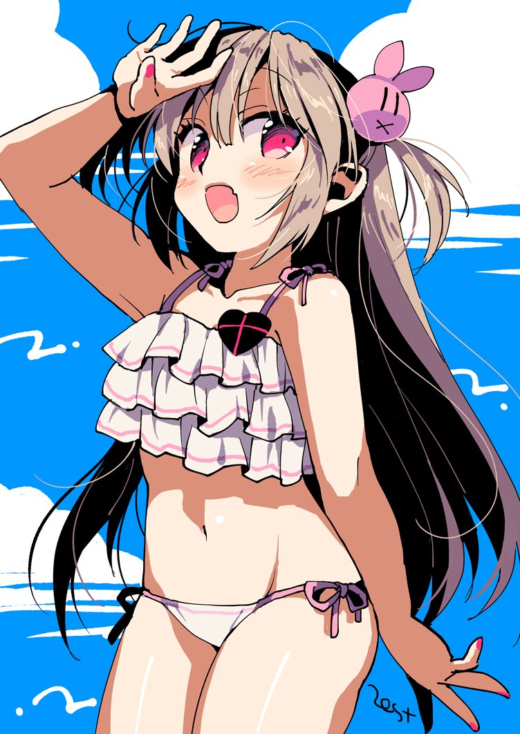 1girl arm_up bikini blush bunny_hair_ornament collarbone commentary fang hair_ornament heart light_brown_hair long_hair midriff nail_polish natori_sana navel open_mouth pink_nails red_eyes sana_channel side-tie_bikini sky smile solo swimsuit two_side_up virtual_youtuber white_swimsuit zest_(lossol)