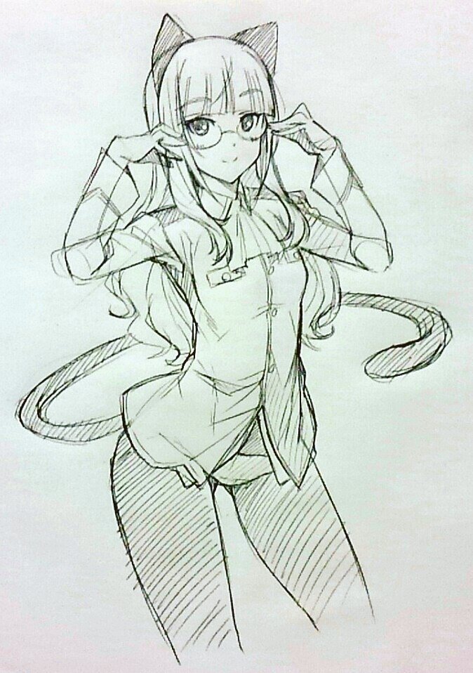 1girl adjusting_eyewear animal_ears cat_ears cravat cropped_legs eyebrows_visible_through_hair glasses gluteal_fold ikeda_sakura panties pantyhose paper_texture perrine_h_clostermann sketch smile solo strike_witches traditional_media underwear white_background world_witches_series