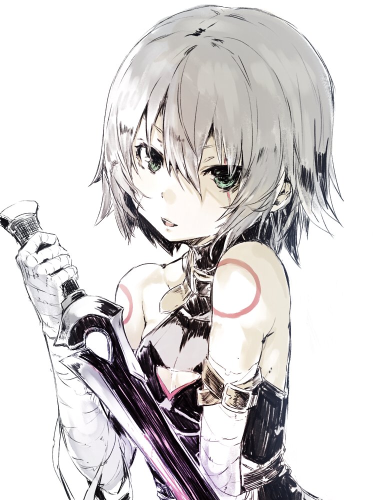 1girl bandage bandaged_arm bare_shoulders commentary fate/apocrypha fate_(series) holding holding_knife holding_weapon jack_the_ripper_(fate/apocrypha) knife scar scar_across_eye short_hair silver_hair solo sumisu_(mondo) weapon white_background