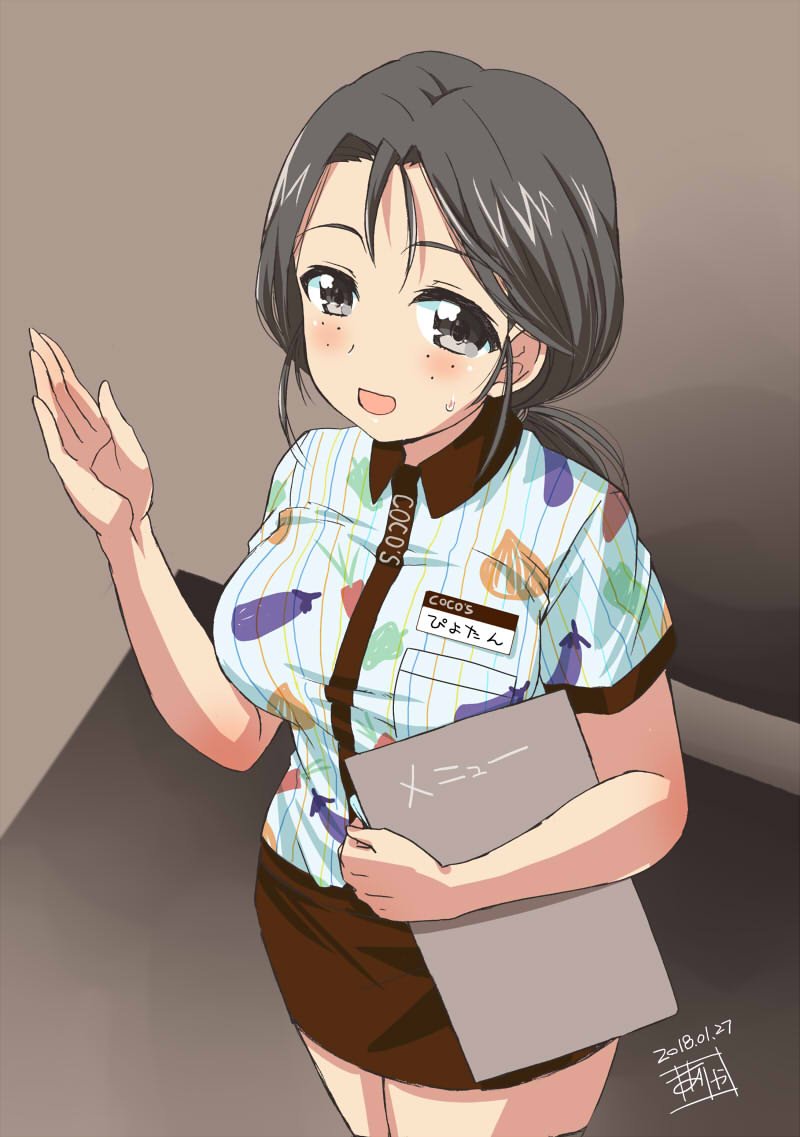 1girl artist_name bangs brown_background brown_skirt coco's collared_shirt commentary dated eggplant freckles fujimaru_arikui gesture girls_und_panzer grey_eyes grey_hair hair_tie holding_menu logo long_hair looking_at_viewer miniskirt name_tag onion open_mouth parted_bangs pencil_skirt piyotan ponytail print_shirt shirt short_sleeves signature skirt smile solo standing striped striped_shirt sweatdrop vertical-striped_shirt vertical_stripes