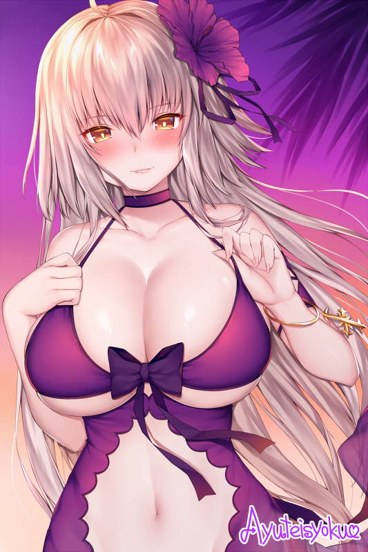 1girl bikini blush bracelet breasts choker cleavage collarbone fate/grand_order fate_(series) flower gradient gradient_background hair_flower hair_ornament jeanne_d'arc_(alter)_(fate) jeanne_d'arc_(fate)_(all) jewelry large_breasts long_hair looking_at_viewer navel palm_tree parted_lips purple_bikini purple_ribbon ribbon silver_hair smile solo strap_pull swimsuit tree twitter_username xayux yellow_eyes