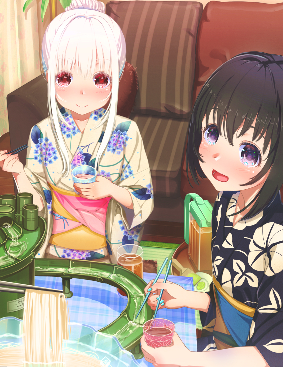 2girls :d abo_(kawatasyunnnosukesabu) black_hair black_kimono blue_nails blush chopsticks commentary_request cup cushion floral_print food hair_bun highres holding holding_cup indoors japanese_clothes kimono looking_at_viewer multiple_girls nagashi_soumen nail_polish noodles obi open_mouth original pitcher red_eyes sash short_hair sidelocks smile violet_eyes white_hair yukata