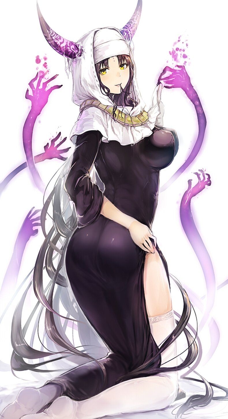 1girl absurdly_long_hair black_dress breasts commentary dress fate/extra fate/extra_ccc fate_(series) hair_in_mouth highres horns large_breasts light_blush long_hair looking_back pelvic_curtain sesshouin_kiara solo sumisu_(mondo) thigh-highs very_long_hair white_legwear yellow_eyes