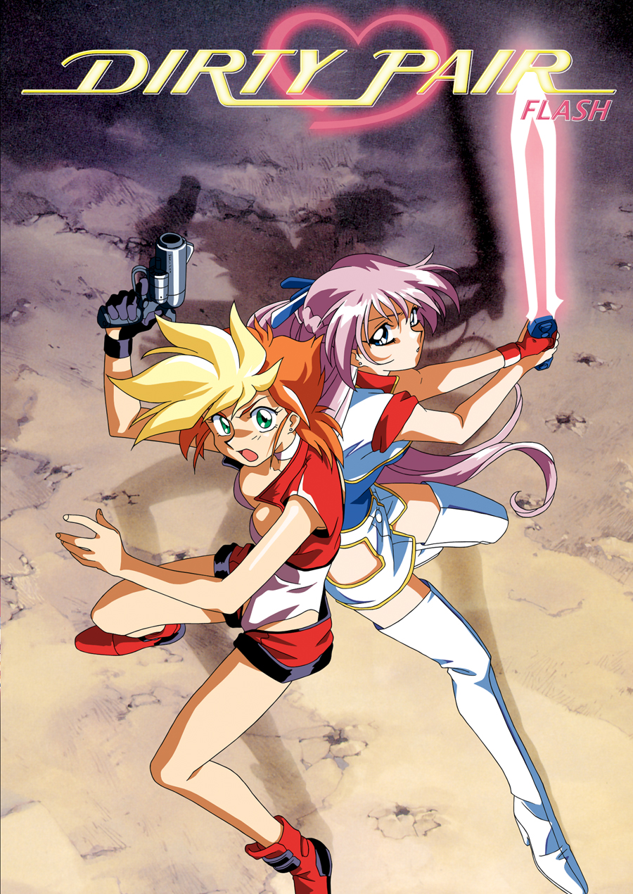 2girls 90s back-to-back blonde_hair boots breasts cleavage copyright_name dirty_pair dirty_pair_flash earrings energy_blade from_above green_eyes gun handgun highres holding holding_gun holding_sword holding_weapon jewelry kei_(dirty_pair) kimura_takahiro long_hair looking_at_viewer multicolored_hair multiple_girls official_art open_mouth orange_hair purple_hair red_footwear short_hair sleeveless standing sword tan thigh-highs thigh_boots two-handed two-tone_hair weapon white_legwear yuri_(dirty_pair)