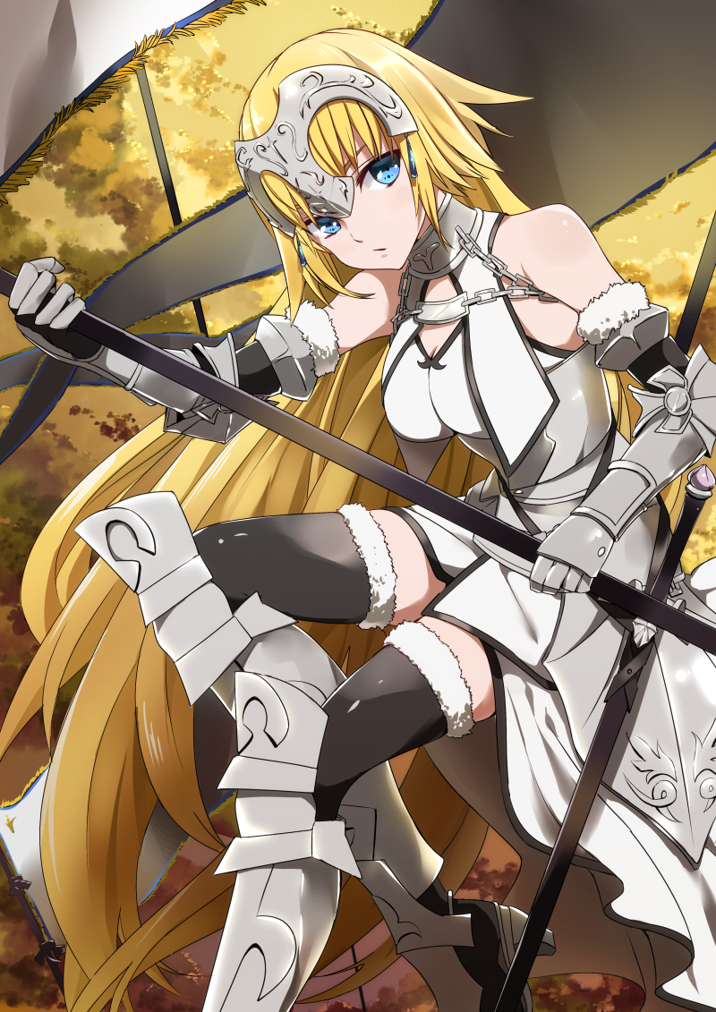 1girl armor armored_boots armored_dress bangs banner black_legwear blonde_hair blue_eyes boots chains dress fate/apocrypha fate_(series) floating_hair fur_trim gauntlets holding holding_weapon jeanne_d'arc_(fate) jeanne_d'arc_(fate)_(all) long_hair parted_lips sheath shiny shiny_clothes sleeveless sleeveless_dress solo thigh-highs very_long_hair weapon white_dress yukichi_(mainitiiitenkidana07)
