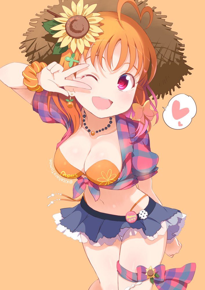 1girl ;d ahoge bikini clover_hair_ornament earrings flower hair_flower hair_ornament hat heart heart_ahoge jewelry kitahara_tomoe_(kitahara_koubou) love_live! love_live!_school_idol_festival love_live!_sunshine!! miniskirt necklace one_eye_closed open_mouth orange_background orange_bikini orange_hair plaid plaid_shirt puffy_short_sleeves puffy_sleeves red_eyes shirt short_sleeves simple_background skirt smile solo spoken_heart straw_hat sunflower swimsuit swimsuit_under_clothes takami_chika thigh_strap tied_shirt twitter_username v_over_eye