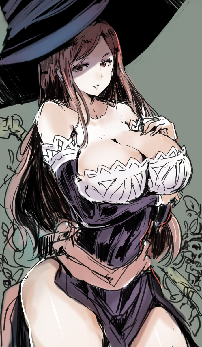 1girl bare_shoulders breast_hold breasts brown_hair cleavage collarbone commentary dragon's_crown hand_on_own_breast hand_on_own_chest hat highres large_breasts long_hair parted_lips pelvic_curtain sketch solo sorceress_(dragon's_crown) sumisu_(mondo) witch_hat