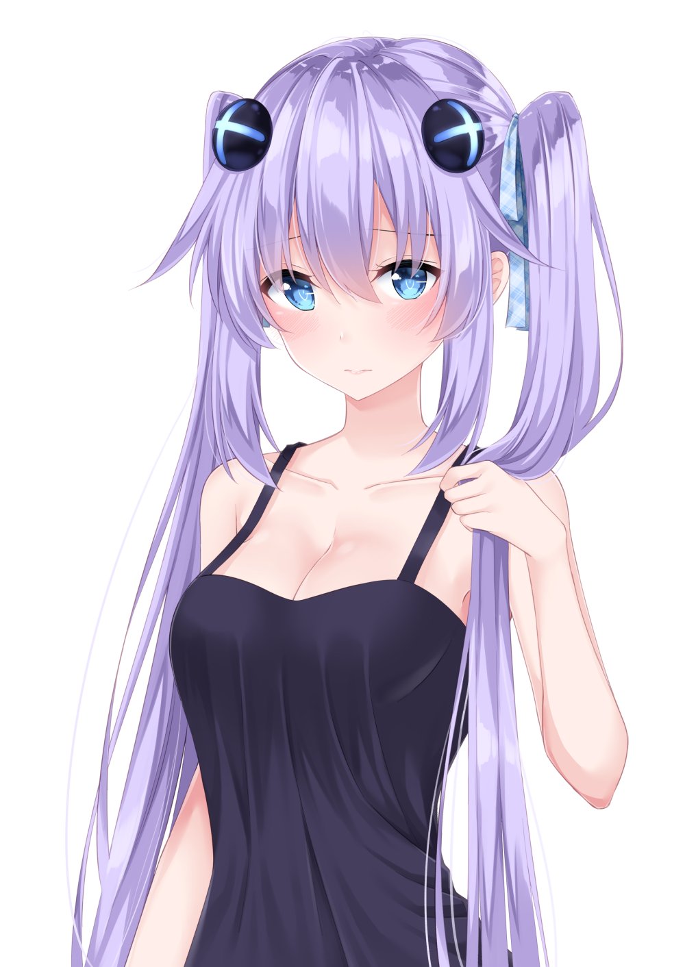 1girl alternate_costume alternate_hairstyle bare_shoulders black_dress blue_eyes blush breasts checkered_ribbon cleavage collarbone commentary commentary_request d-pad d-pad_hair_ornament dress hair_between_eyes hair_ornament hair_ribbon highres holding holding_hair long_hair looking_at_viewer medium_breasts neptune_(series) power_symbol purple_hair purple_heart ribbon shikapiro simple_background solo symbol-shaped_pupils twintails upper_body very_long_hair white_background