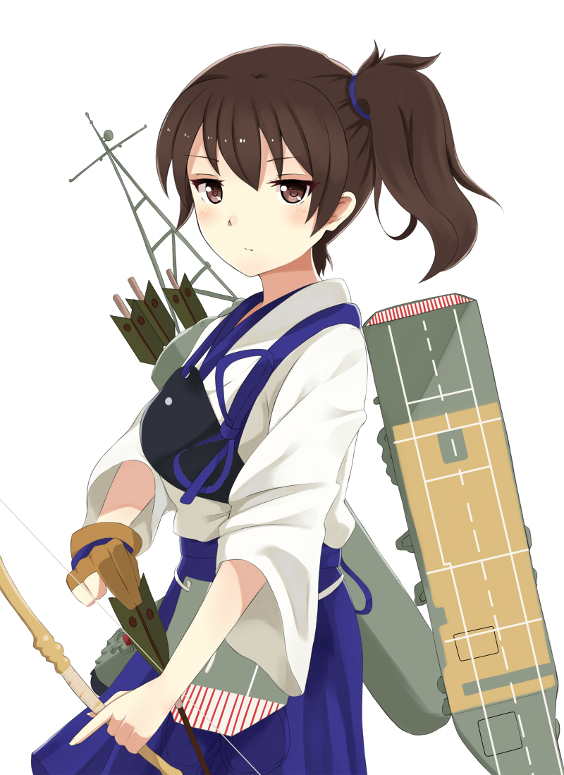 1girl arrow bow_(weapon) breasts brown_eyes brown_gloves brown_hair eyebrows_visible_through_hair flight_deck gloves hair_between_eyes hakama hakama_skirt holding holding_weapon japanese_clothes kaga_(kantai_collection) kantai_collection large_breasts looking_at_viewer muneate partly_fingerless_gloves quiver side_ponytail simple_background single_glove solo weapon white_background yoshiiaki yoshiita yugake yumi_(bow)