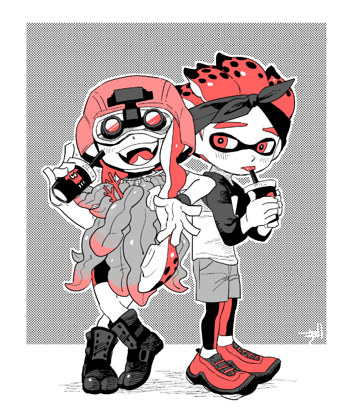 1boy 1girl arm_rest bike_shorts boots coral cup disposable_cup fangs full_body hakinikui_kutsu_no_mise halftone helmet inkling kelp leggings legs_crossed legwear_under_shorts limited_palette long_hair night_vision_device open_mouth shoes shorts smile sneakers spiky_hair splatoon splatoon_2 tentacle_hair tongue tongue_out