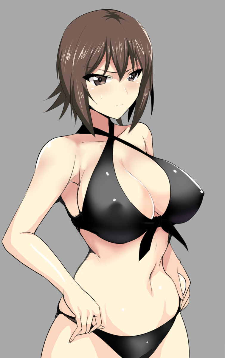 1girl adjusting_clothes adjusting_swimsuit bangs blush breasts brown_eyes brown_hair cleavage closed_mouth commentary front-tie_bikini front-tie_top girls_und_panzer grey_background highres koujun_(mugenzero) large_breasts light_frown looking_to_the_side navel nishizumi_maho short_hair simple_background solo standing swimsuit upper_body