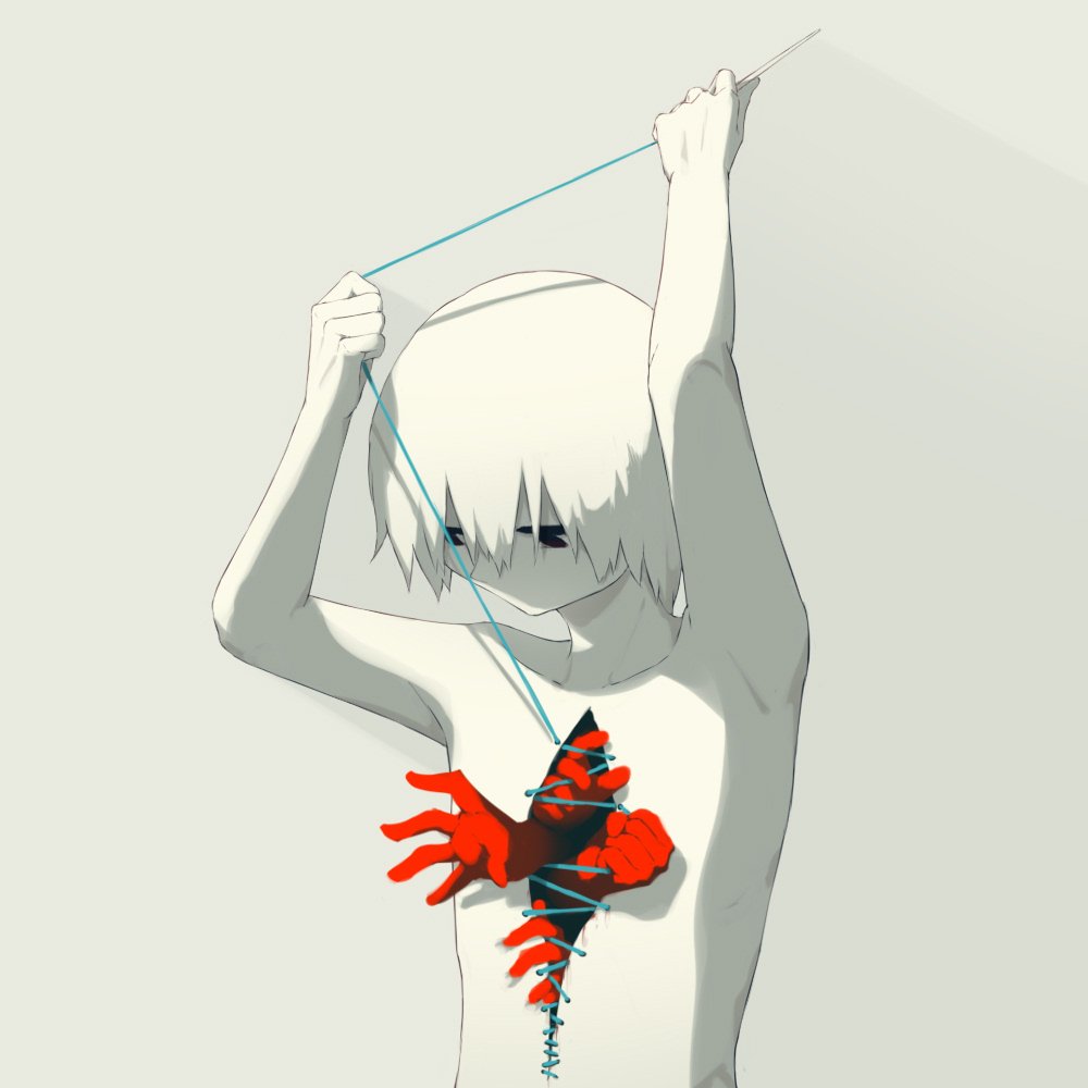 1boy avogado6 collarbone commentary expressionless hands hole_in_chest hole_on_body looking_down muted_color needle original outstretched_arms pale_skin pulling sewing sewing_needle short_hair spot_color stitches thread