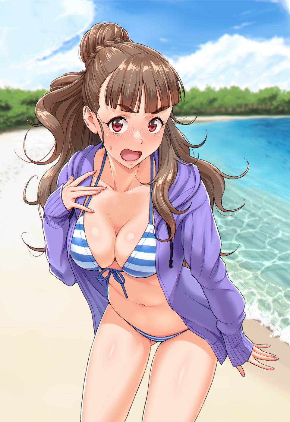 1girl bangs beach bikini blue_sky blunt_bangs blush braid breasts brown_hair cleavage clouds collarbone commentary_request cowboy_shot day embarrassed eyebrows eyebrows_visible_through_hair front-tie_bikini front-tie_top gluteal_fold hair_bun highres horizontal_stripes idolmaster idolmaster_cinderella_girls jacket kamiya_nao long_hair looking_at_viewer medium_breasts navel nigou open_clothes open_jacket open_mouth outdoors red_eyes side-tie_bikini sky sleeves_past_wrists solo standing striped striped_bikini striped_swimsuit sweatdrop swimsuit swimsuit_under_clothes thick_eyebrows water