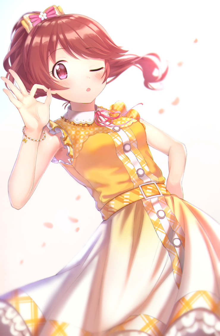1girl :o belt belt_buckle blush bow bracelet brown_eyes brown_hair buckle commentary_request cotrpopor cowboy_shot dress eyebrows_visible_through_hair frills hair_bow hair_ornament idolmaster idolmaster_cinderella_girls idolmaster_cinderella_girls_starlight_stage jewelry long_hair looking_at_viewer neck_ribbon ok_sign one_eye_closed petals pink_ribbon ponytail ribbon shiina_noriko simple_background sleeveless sleeveless_dress solo white_background yellow_dress