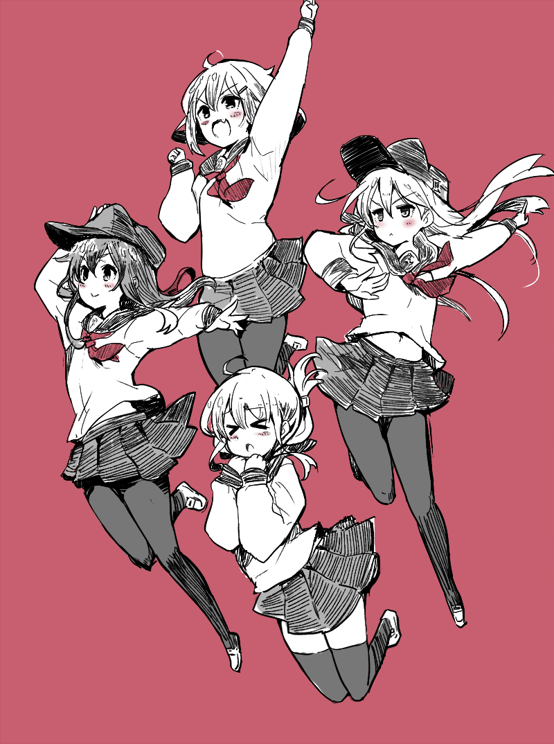 &gt;_&lt; 4girls :&lt; akatsuki_(kantai_collection) arm_up clenched_hand closed_eyes commentary_request flat_cap folded_ponytail hand_on_headwear hat hibiki_(kantai_collection) ikazuchi_(kantai_collection) inazuma_(kantai_collection) jumping kantai_collection long_hair midriff multiple_girls navel outstretched_arm pantyhose pleated_skirt pose red_background school_uniform serafuku shirt_lift short_hair skirt sumisu_(mondo) thigh-highs v-shaped_eyebrows